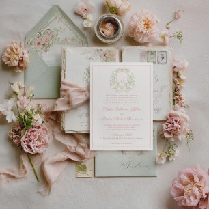 Invitación Crest Elegante con Lazo Rosa Boda de Monograma