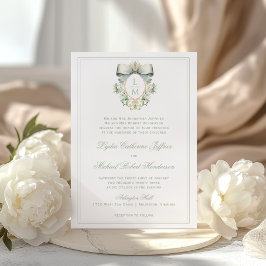 Invitación Crest Elegante con Lazo Verde Salvia | Boda de Mon