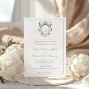 Invitación Crest Elegante con Lazo Verde Salvia   Boda de Mon