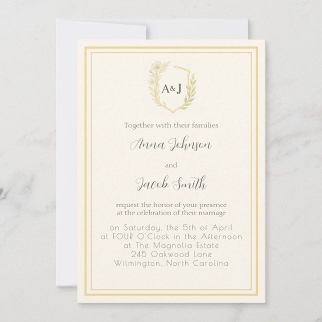 Invitación Crest Elegante de Marfil y Dorado Falso con Acento (Anverso)