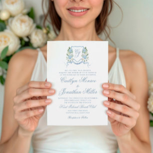 Invitación Crest Floral Acuarela Azul Polvoriento Boda