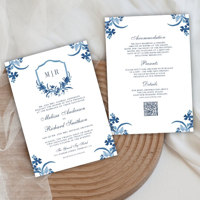 Invitación Crest Floral Azul Polvoriento Boda Código QR Todo  (Subido por el creador)