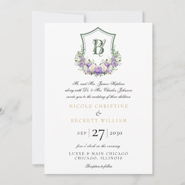 Invitación Crest Floral Blanco Morado Boda (Anverso)