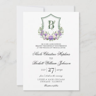 Invitación Crest Floral Blanco Morado Boda