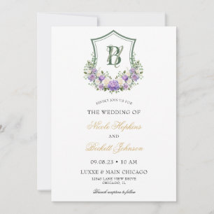Invitación Crest Floral Blanco Morado Boda