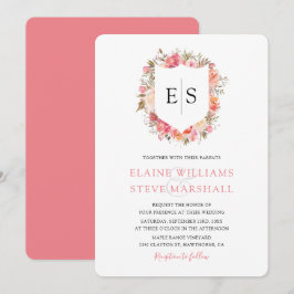Invitación Crest Floral de Monograma Rosa Regal para Boda