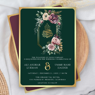 Invitación Crest Floral de Oro Púrpura Esmeralda Boda Musulma