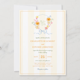 Invitación Crest Floral de Raya Amarilla de Boda de Monograma