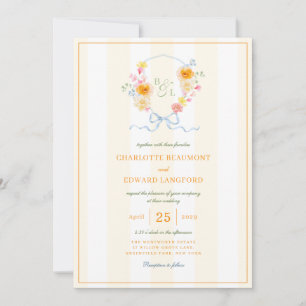 Invitación Crest Floral de Raya Amarilla de Boda de Monograma