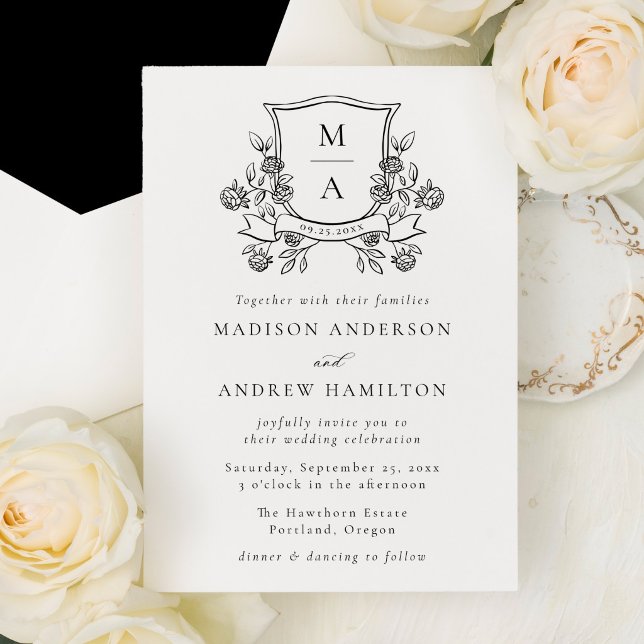 Invitación Crest Floral Elegante Monograma de Boda (Subido por el creador)