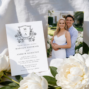 Invitación Crest Floral Elegante Monograma Foto Boda