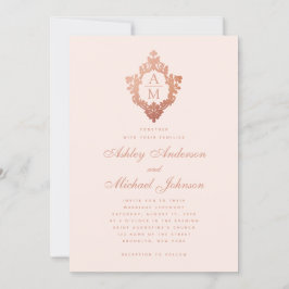 Invitación Crest Floral en Rosa y Dorado de Monograma para Bo