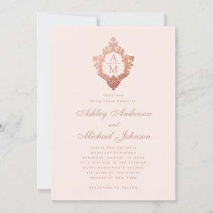 Invitación Crest Floral en Rosa y Dorado de Monograma para Bo
