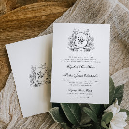 Invitación Crest Floral Formal Monograma Boda Elegante