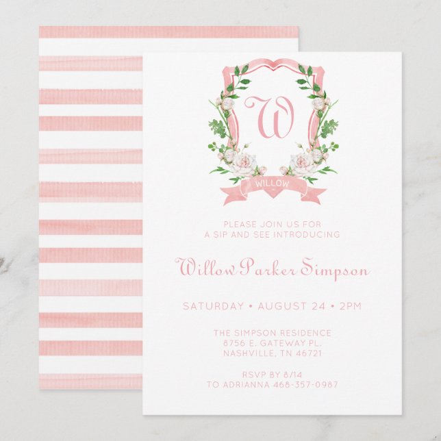 Invitación Crest Floral Monogramado Niña Sip And See (Anverso / Reverso)