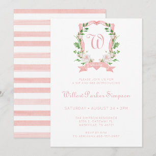 Invitación Crest Floral Monogramado Niña Sip And See