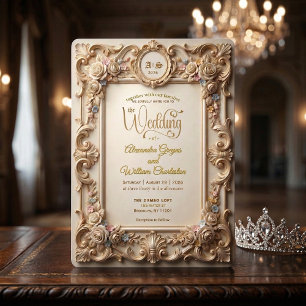 Invitación Crest Floral Rococó con Estampado en Oro Falso
