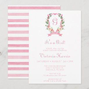 Invitación Crest Floral Rosa Es Una Niña Baby Shower