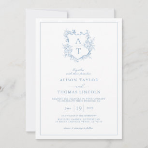 Invitación Crest Formal Azul Polvoriento Monograma Boda