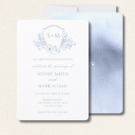 Invitación Crest Inicial Monograma Bodas Floral Azul Polvo