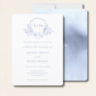 Invitación Crest Inicial Monograma Bodas Floral Azul Polvo