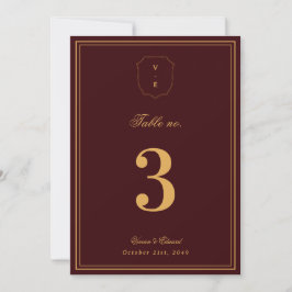 Invitación Crest Monogram Burgundy Gold Wedding Table Number
