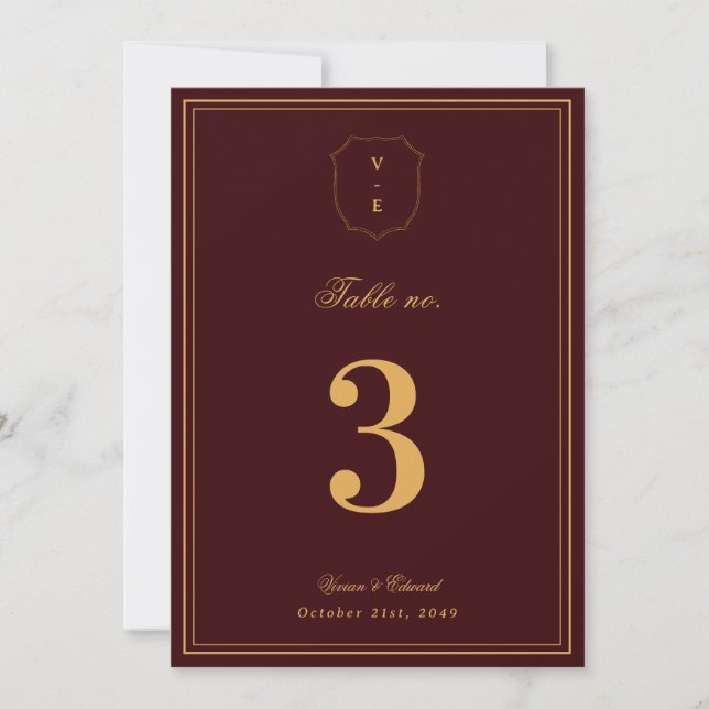 Invitación Crest Monogram Burgundy Gold Wedding Table Number (Anverso)
