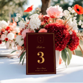 Invitación Crest Monogram Burgundy Gold Wedding Table Number