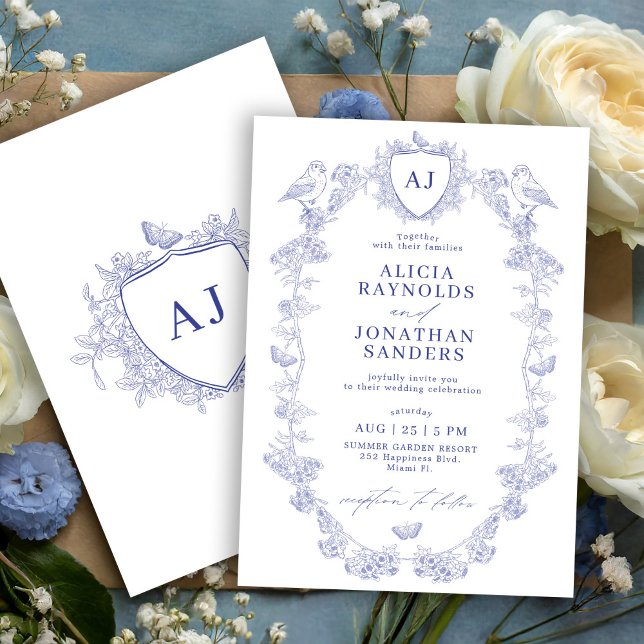 Invitación Crest monogram classic blue toile de jouy wedding (Subido por el creador)