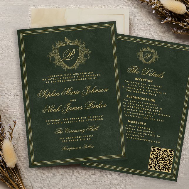 Invitación Crest monogram QR code emerald green gold wedding (Subido por el creador)