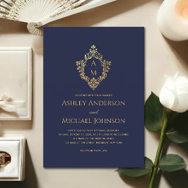 Invitación Crest Monograma Antiguo Azul Marino con Dorado Fal