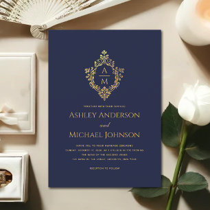 Invitación Crest Monograma Antiguo Azul Marino con Dorado Fal
