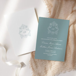 Invitación Crest Monograma Azul Polvoriento Sofisticada Boda
