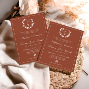 Invitación Crest Monograma Botánico Terracota Boda