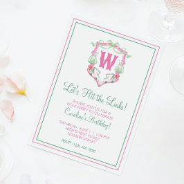Invitación Crest Monograma Carrito de Golf Rosa y Verde A la