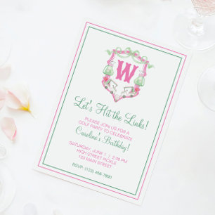 Invitación Crest Monograma Carrito de Golf Rosa y Verde A la