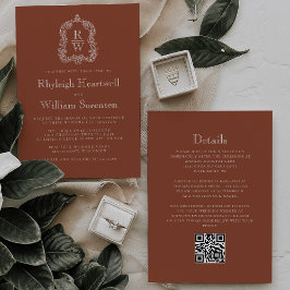 Invitación Crest Monograma Código QR Terracota Boda