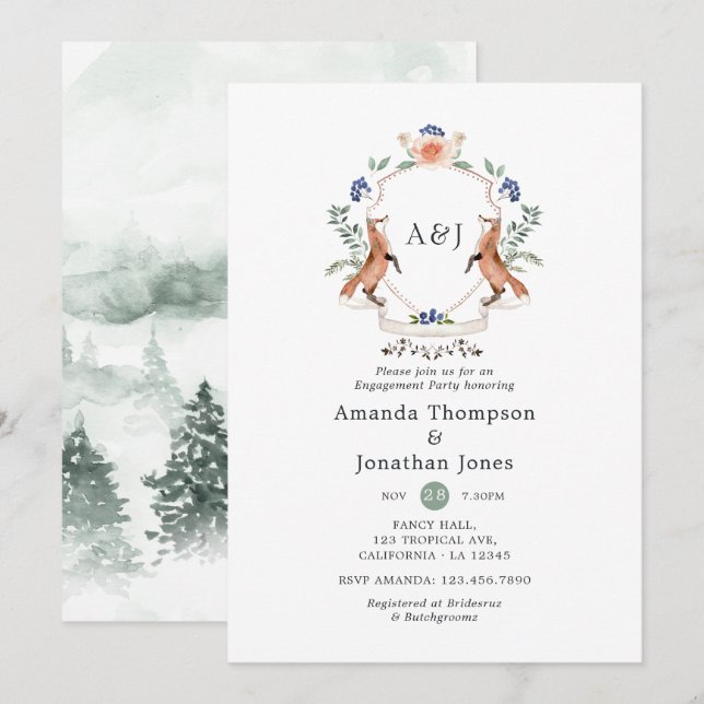 Invitación Crest Monograma de Laurel Bosque para Fiesta de Co (Anverso / Reverso)