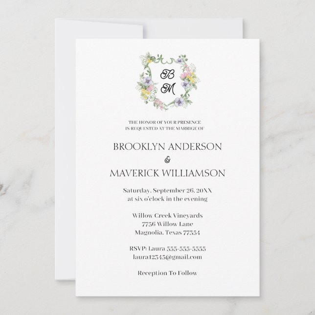 Invitación Crest Monograma Floral Formal de Boda (Anverso)