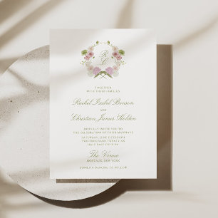 Invitación Crest Monograma Floral Rosa Verde Boda