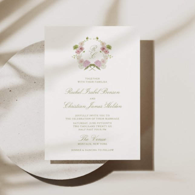 Invitación Crest Monograma Floral Rosa Verde Boda (Subido por el creador)