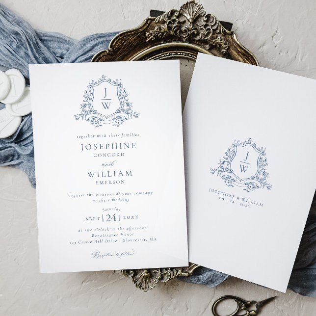 Invitación Crest Monograma Tradicional Azul Boda Elegante (Subido por el creador)