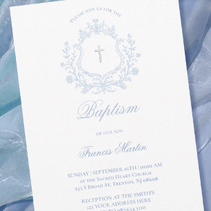 Invitación cresta azul pastel niño Bautizo