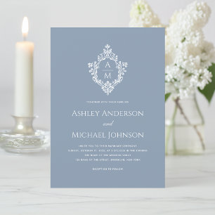 Invitación Cresta Azul Polvoriento Elegante Monograma Boda Fo