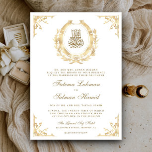 Invitación Cresta Blanca Musulmana de Boda Dorada Antigüa