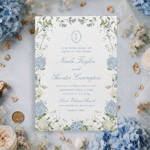 Cresta de boda de monograma de hortensia azul polv