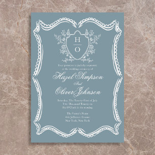 Invitación Cresta de encaje floral vintage francés azul para 