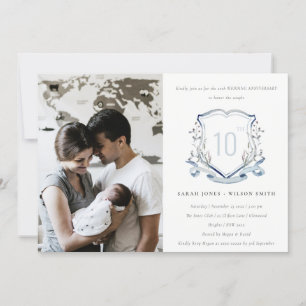 Invitación Cresta de flor silvestre azul Foto Aniversario de 