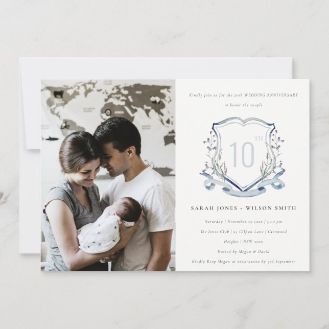 Invitación Cresta de flor silvestre azul Foto de boda Anivers (Anverso)