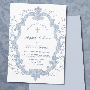 Invitación Cresta de follaje azul elegante boda religiosa